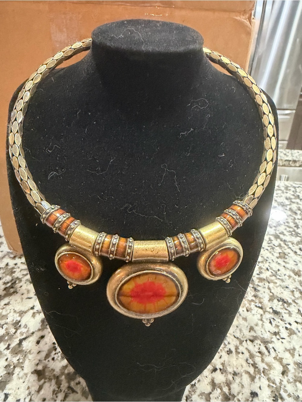 Chico's Gold-Tone Collar Necklace with Red and Orange Cabochons